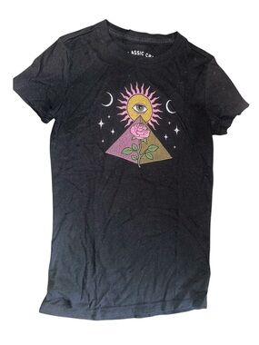 Aeropostale Black Short Sleeve Tee with Pink Rose & Gold Sun Graphic